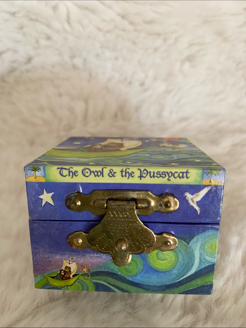 The Owl & the Pussycat Blue Tooth Fairy Jewelry Box with Brass Latch